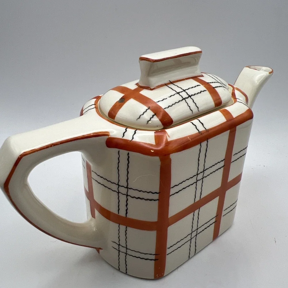 Vtg Gold Castle Japan Plaid Teapot Art Deco Orange Windowpane Check Spout Crack